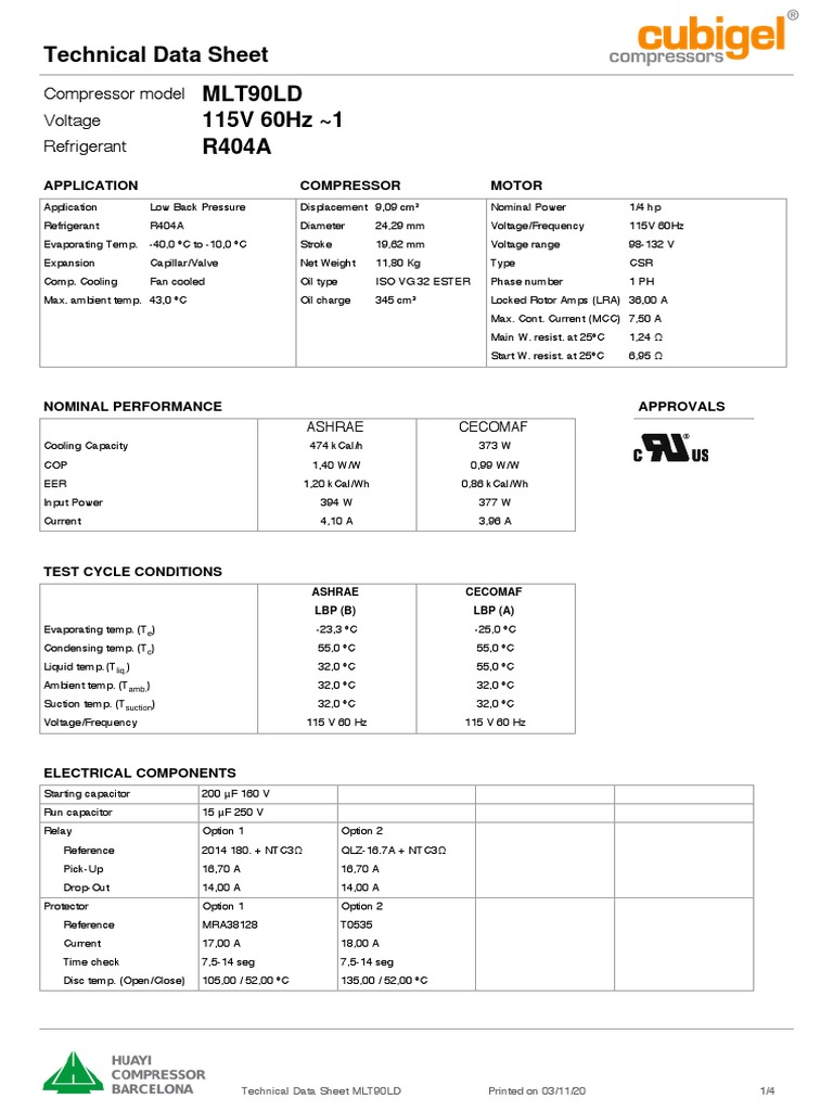 Cubigel MLT90LD - R404a - 115 | PDF
