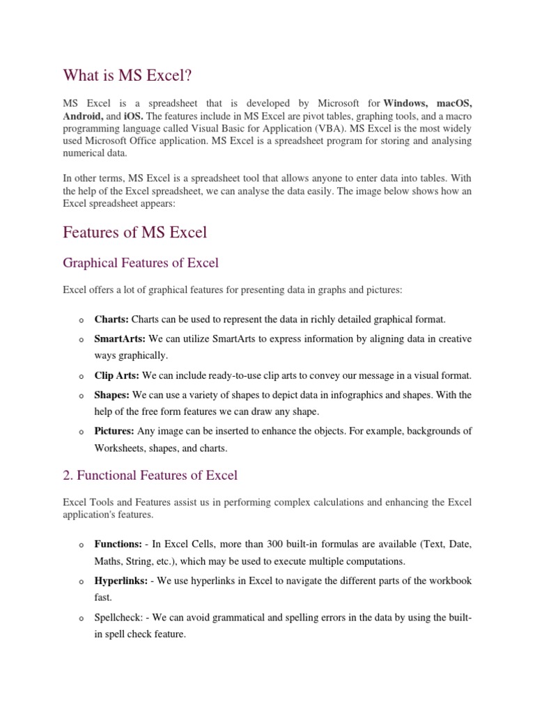 Overview of MS Excel Features | PDF | Microsoft Excel | Spreadsheet