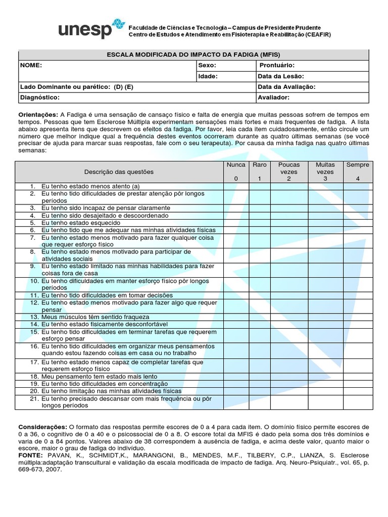 Escala Modificada Do Impacto Da Fadiga - MFIS | PDF | Física