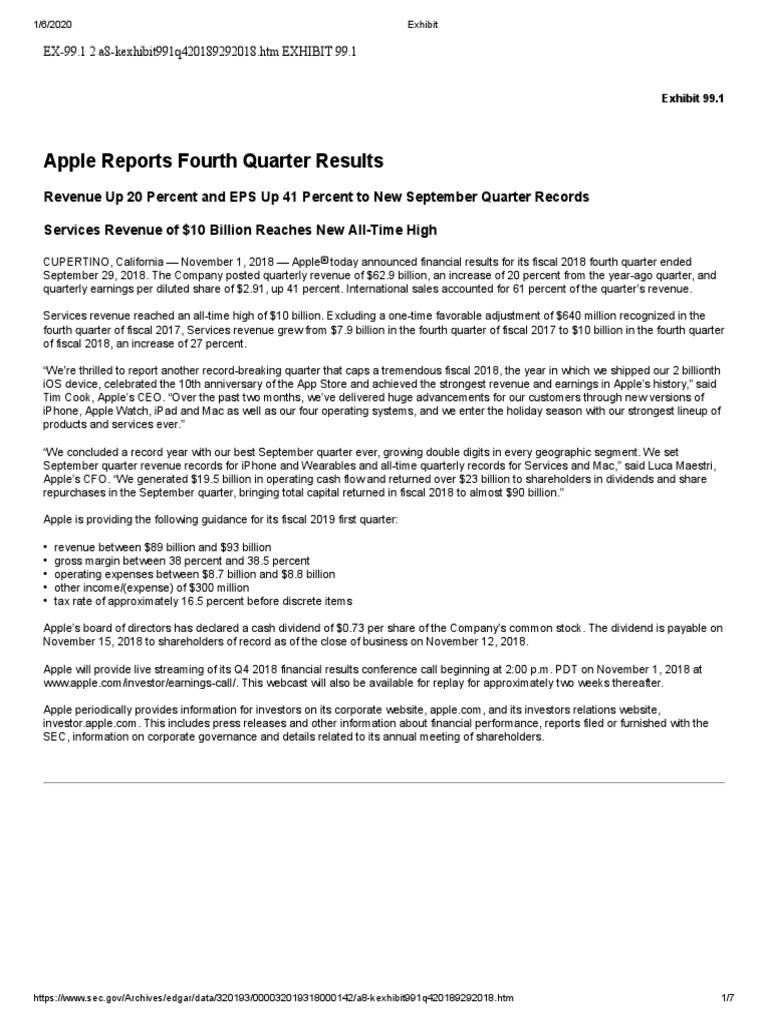 AAPL 2018 Q4 Press Release | PDF | Equity (Finance) | Dividend