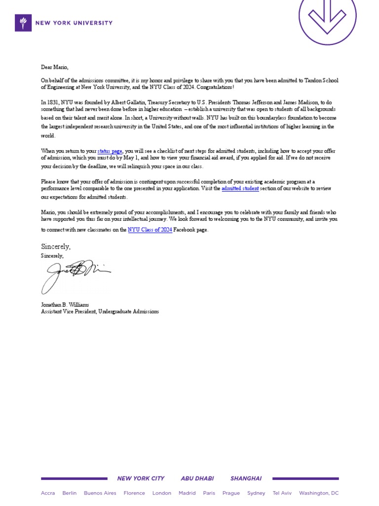 NYU Tandon School Acceptance Letter | PDF