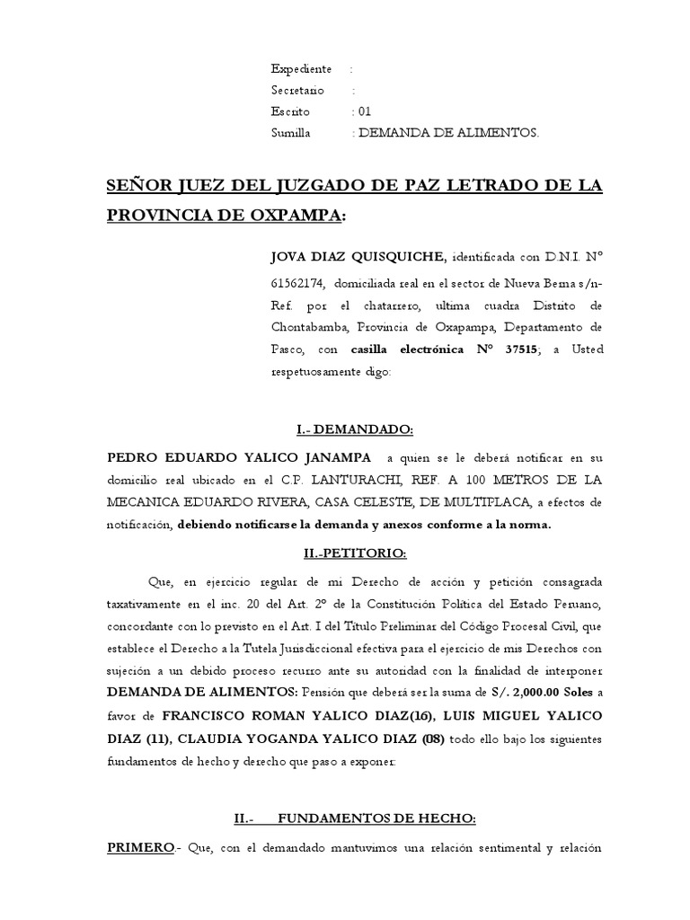 Demanda de Alimentos Jova | PDF | Demanda judicial | Pensión alimenticia