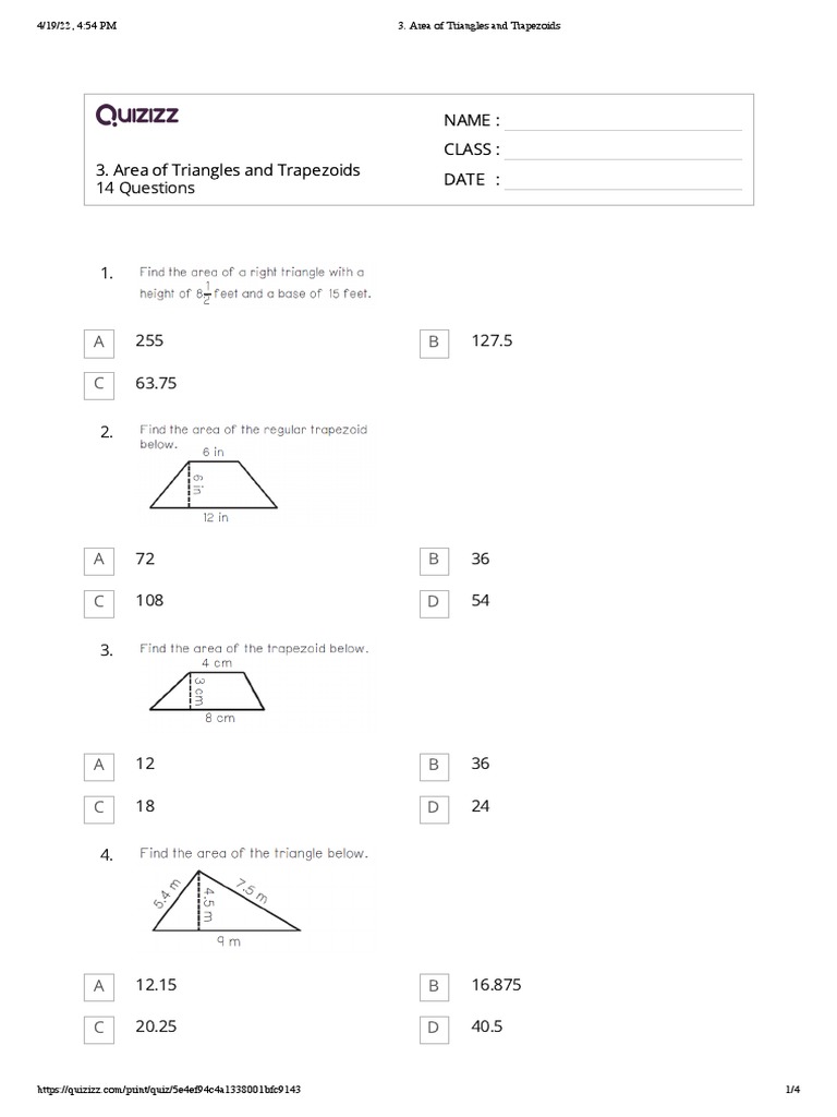 Area of Triangles and Trapezoids PDF Area Triangle