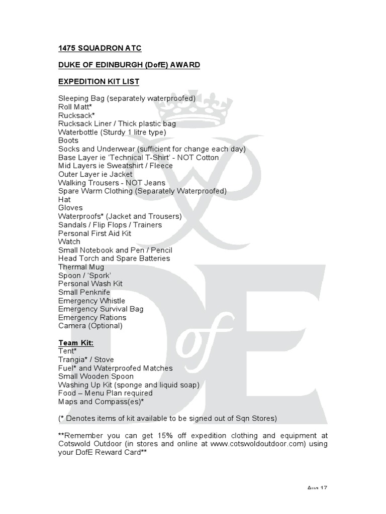 DofE Expedition Kit List PDF