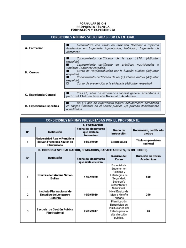 Formulario C-1 | PDF | Dietético | Bolivia