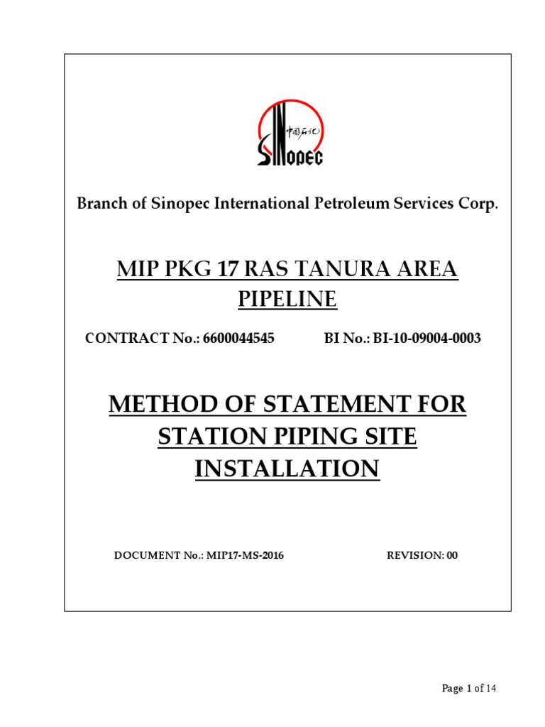 Method Statement for Station Piping | PDF | Welding | Construction