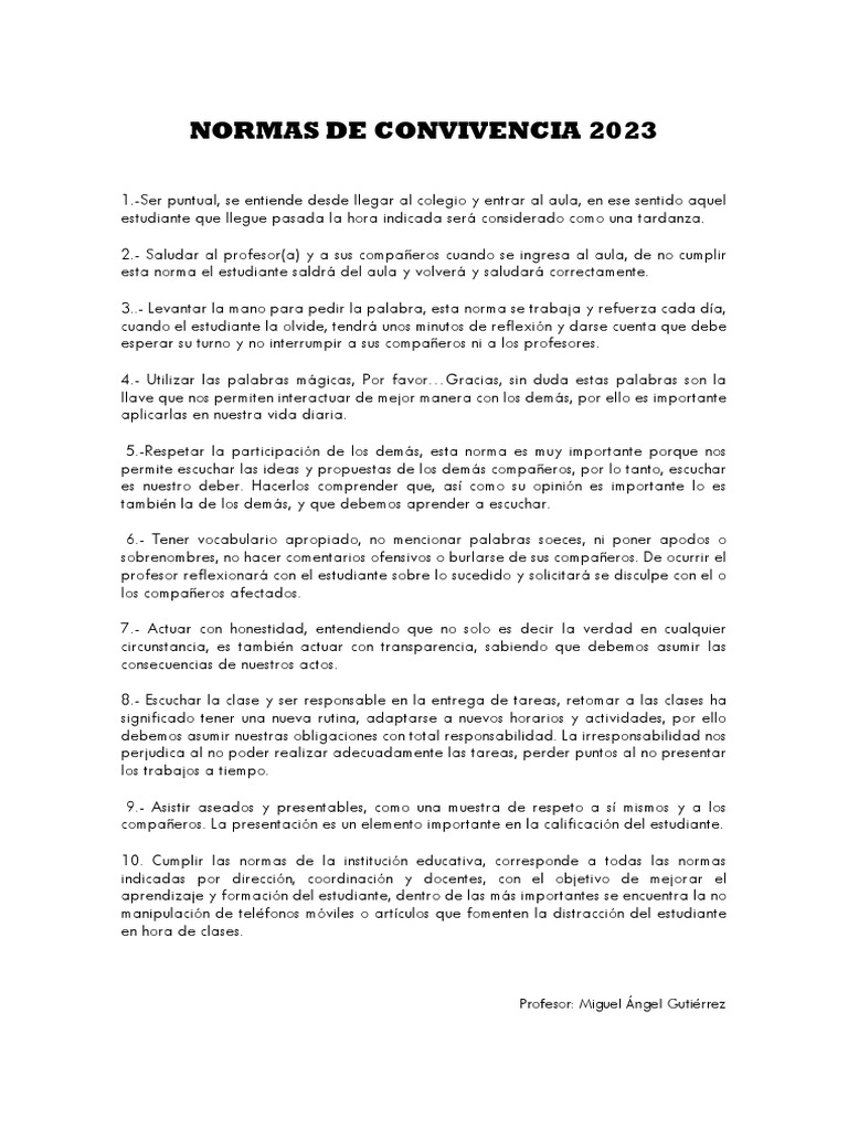 Normas de Convivencia Escolar 2023 | PDF | Salón de clases | Maestros