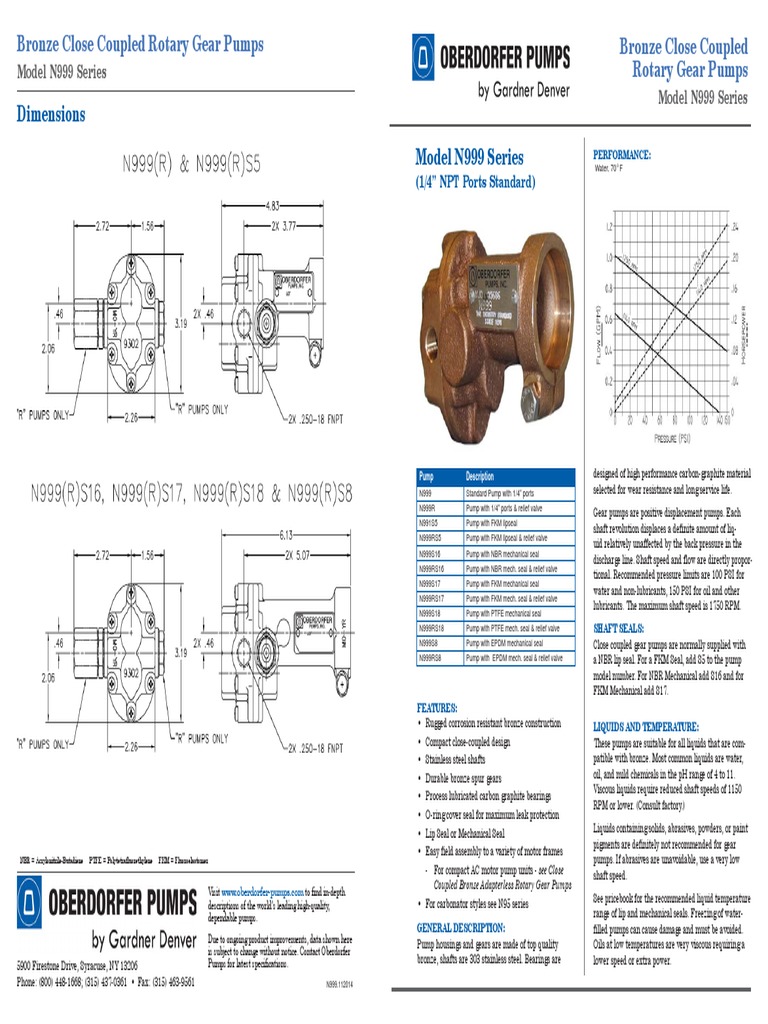 N999 Spec Sheet | PDF | Pump | Valve