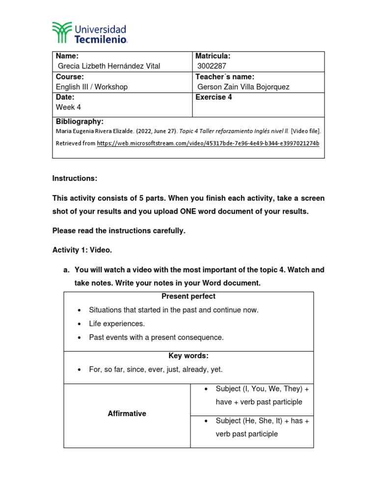 English III Workshop Week 4 Activities | PDF | Verb | Languages