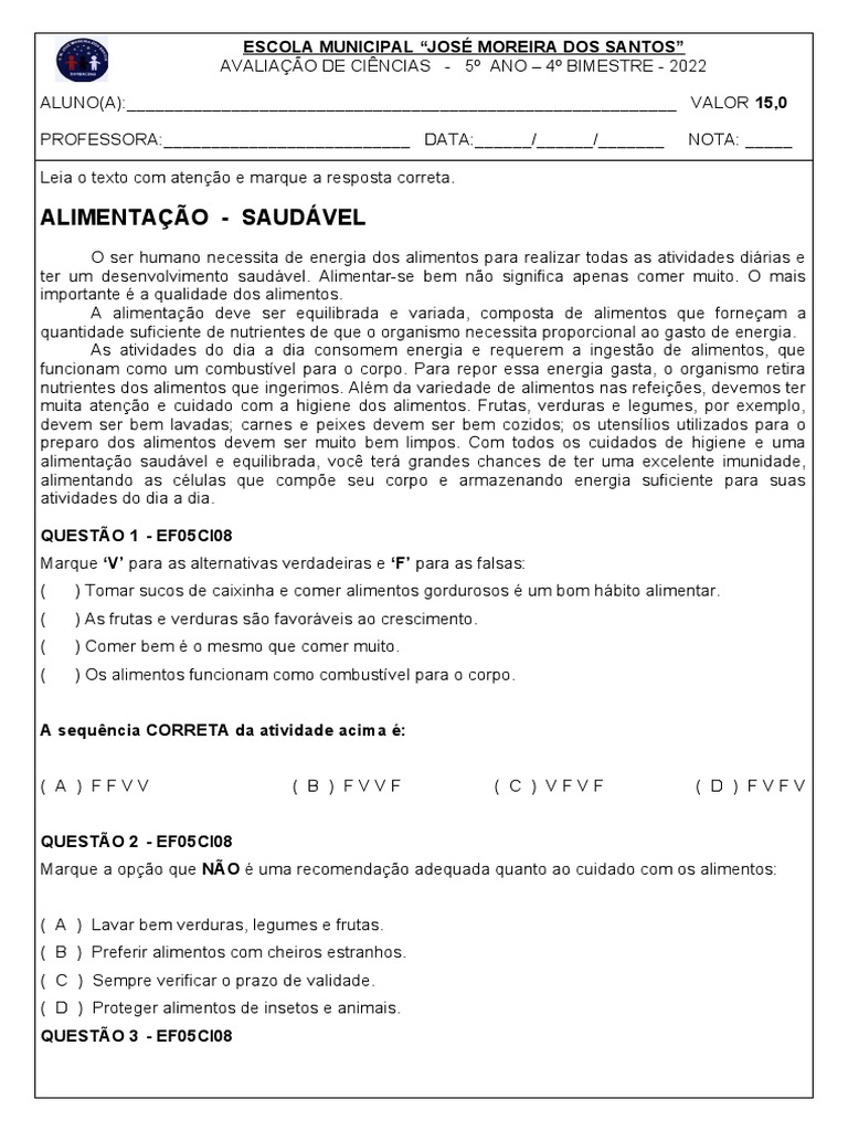 Avaliação de Ciências: Alimentação Saudável 5º Ano | PDF | Alimentos ...