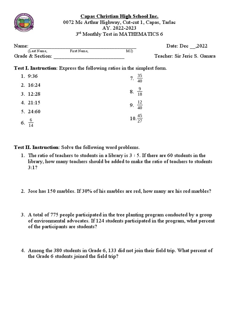 Capas christian high school math test pdf