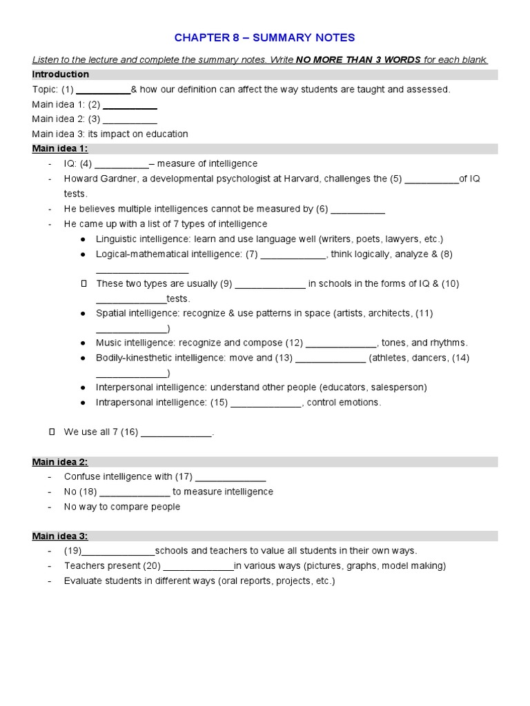 Chapter 08 Summary Notes PDF Intelligence Cognition