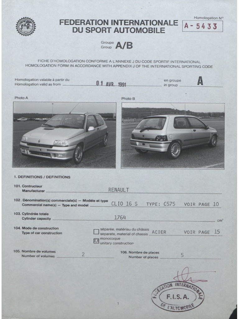 CLIO Homologation Form Number 5433 Group A 1 PDF | PDF | Injection ...