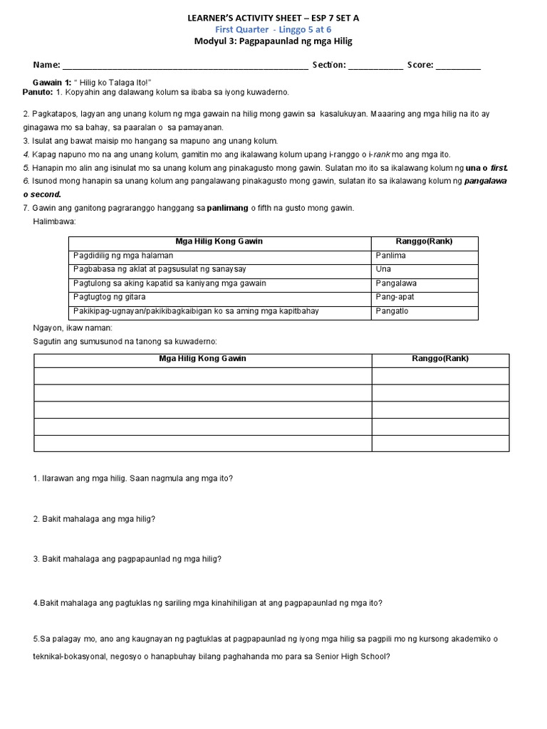 1STQ - ESP7 - Activity Sheets Modyul 3 | PDF