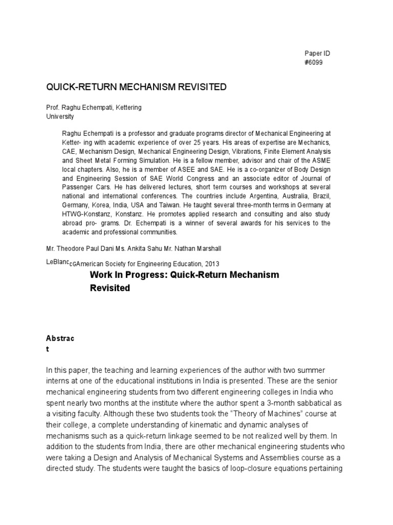 Quick-Return Mechanism Analysis | PDF | Capacitor | Electric Motor
