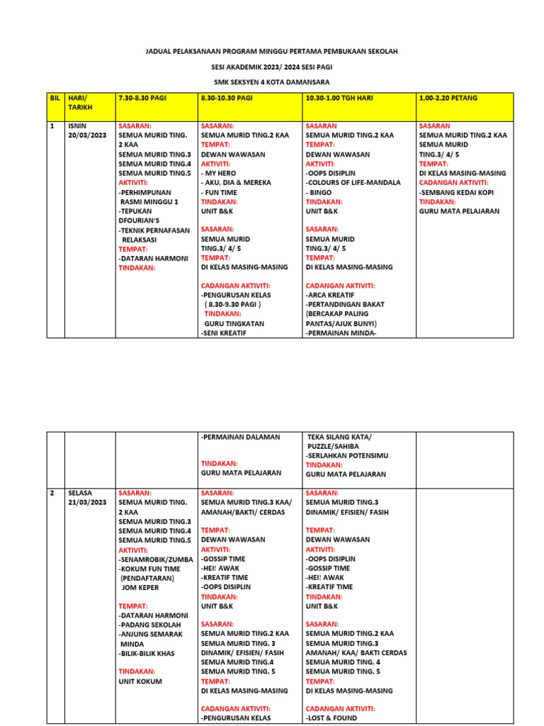 Jadual Program Pembukaan Sekolah Minggu Satu-Latest | PDF