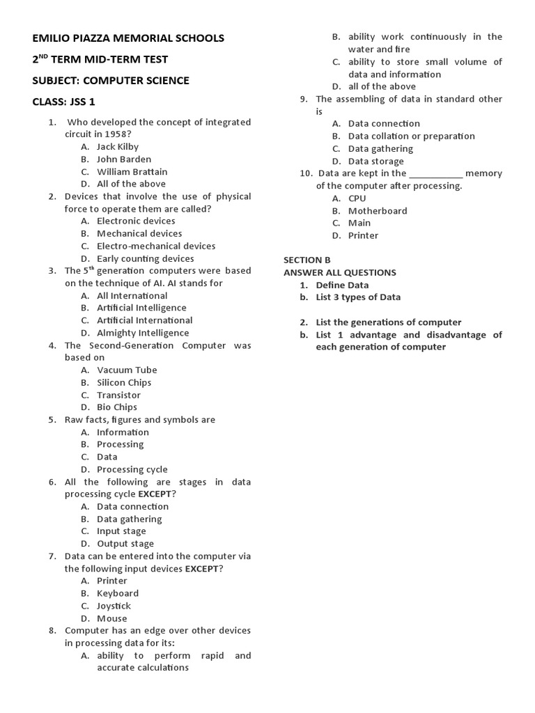 JSS 1 & 2 Computer Science Test | PDF | World Wide Web | Internet & Web