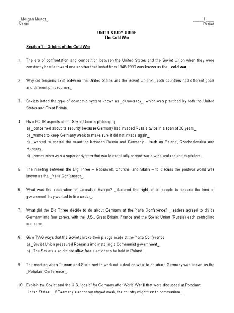 Unit 9 Study Guide (The Cold War) PDF Cold War Cuban Missile Crisis
