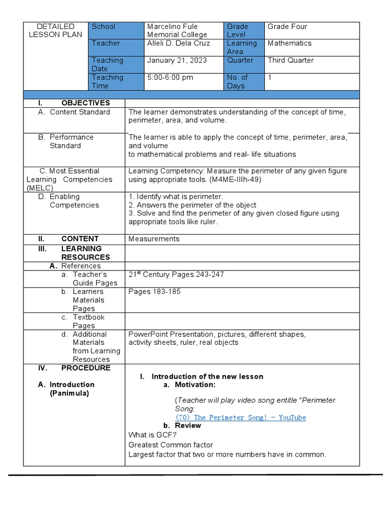 Grade 4 Math Lesson Plan: Perimeter | PDF | Triangle | Learning