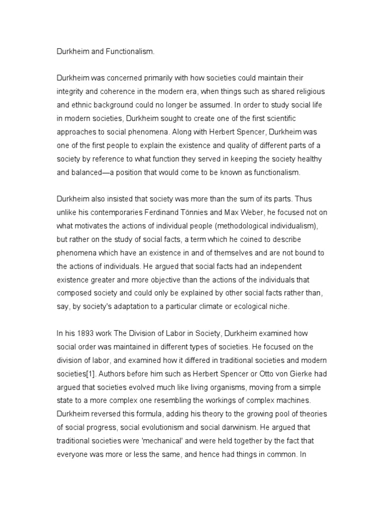 Durkheim's Functionalism Explained | PDF | Émile Durkheim ...