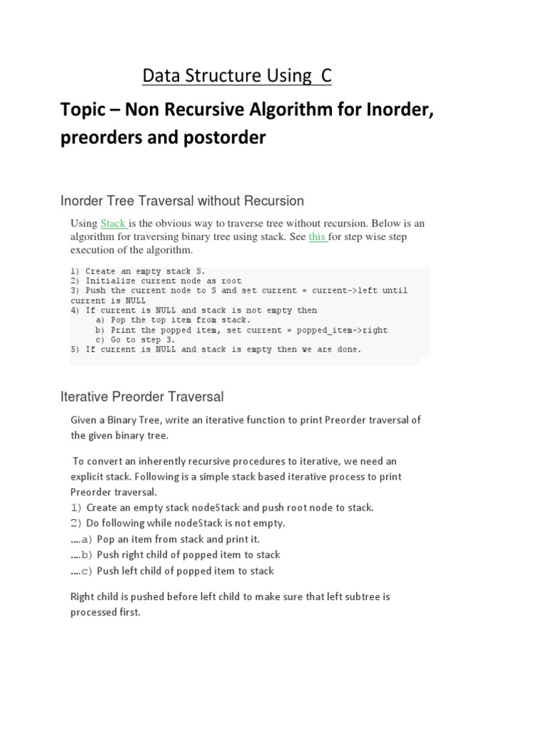 Non Recursive Algorithms for Inorder, Preorder and Postorder Traversals ...