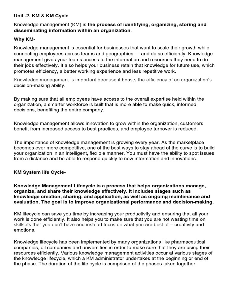 Unit 2 KM KM Cycle PDF Tacit Knowledge Learning