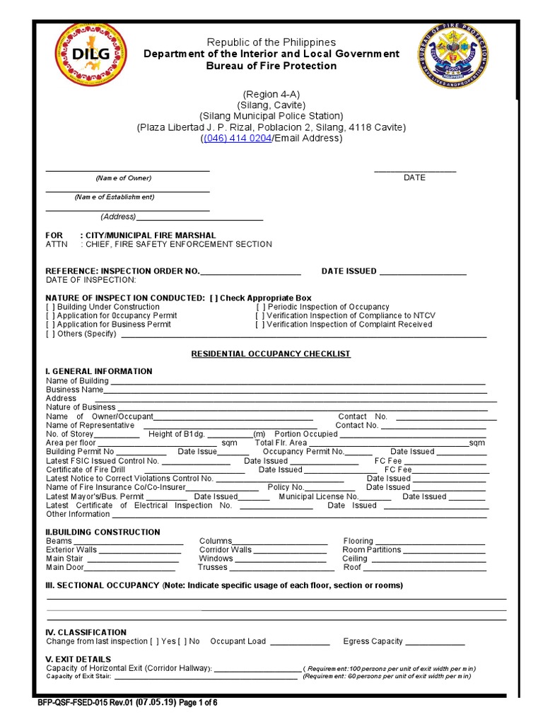Fire Safety Inspection Checklist | PDF | Door | Firefighting