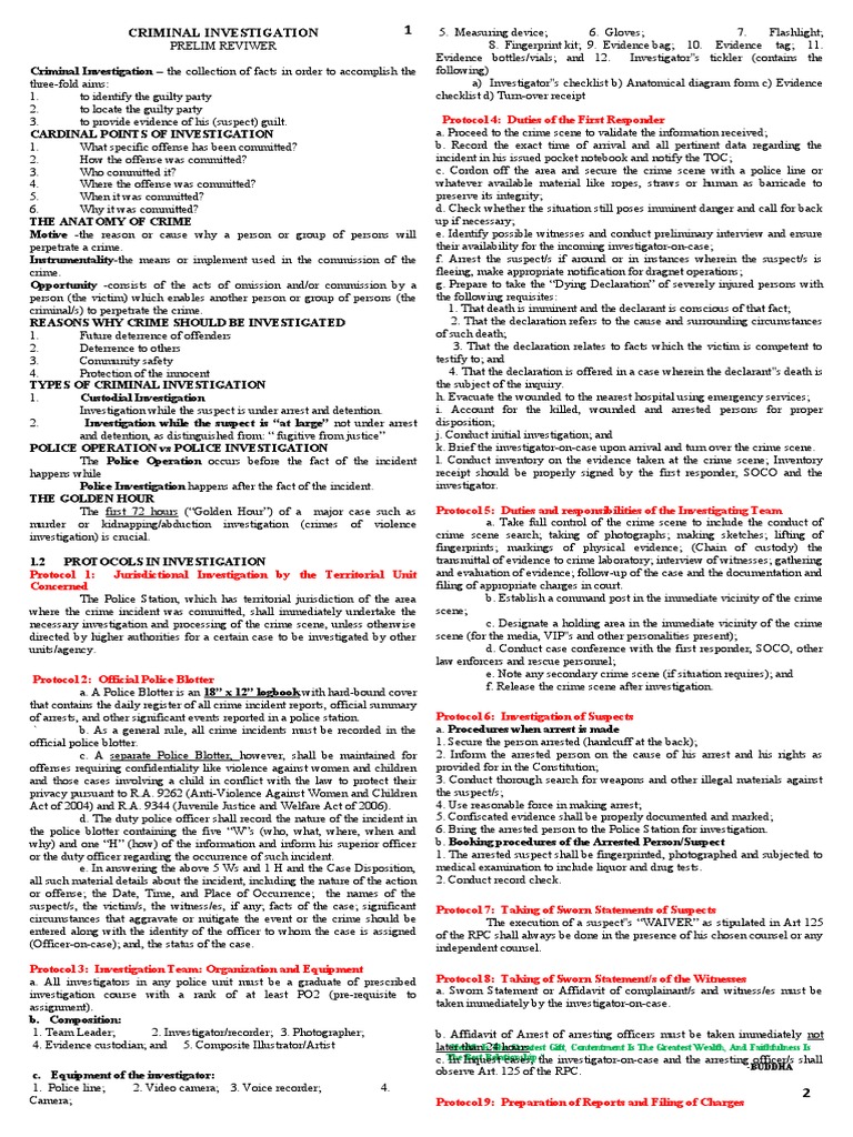 Criminal Investigation Protocols Overview | PDF | Crime Scene | Police