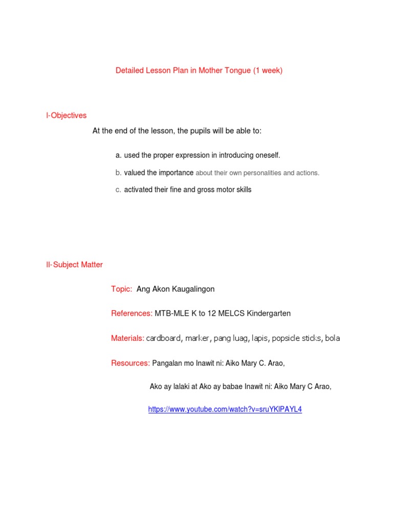 KindergartenMotherTongueLessonPlan 1 PDF