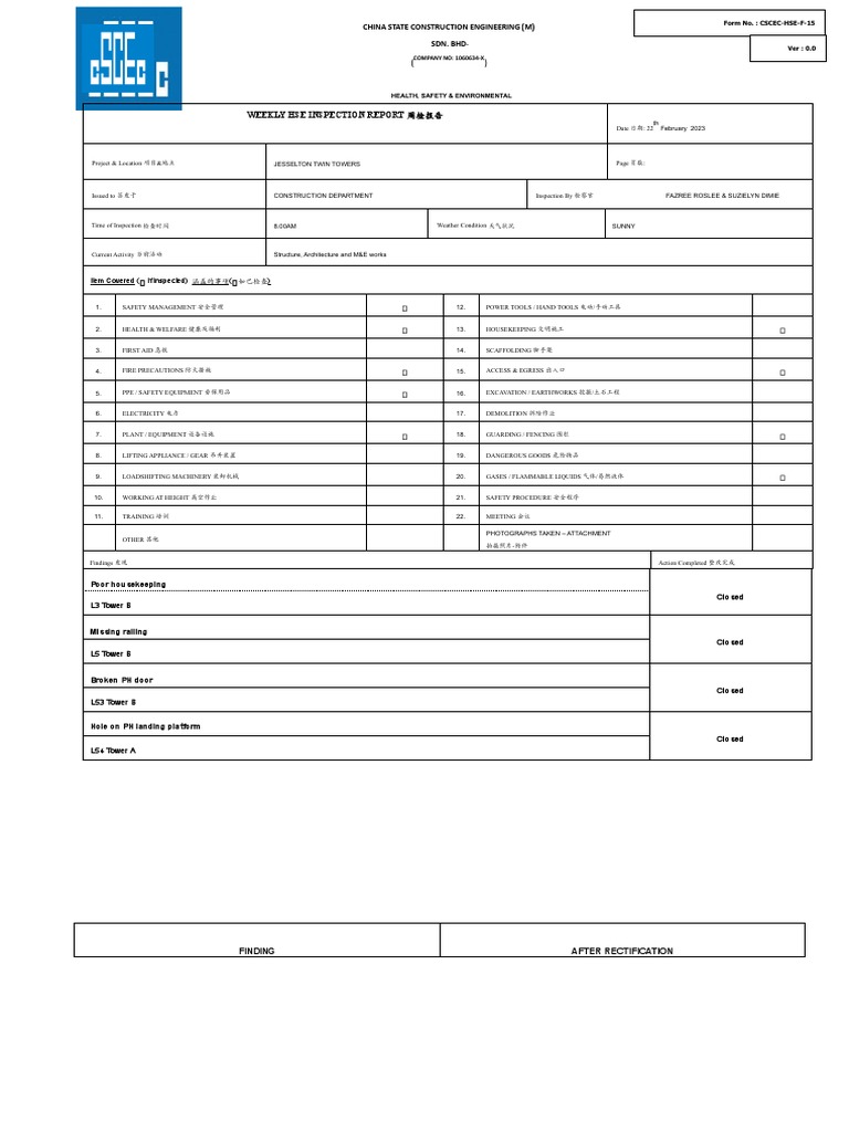 Weekly HSE Inspection Report - Feb 2023 | PDF | Occupational Safety And ...