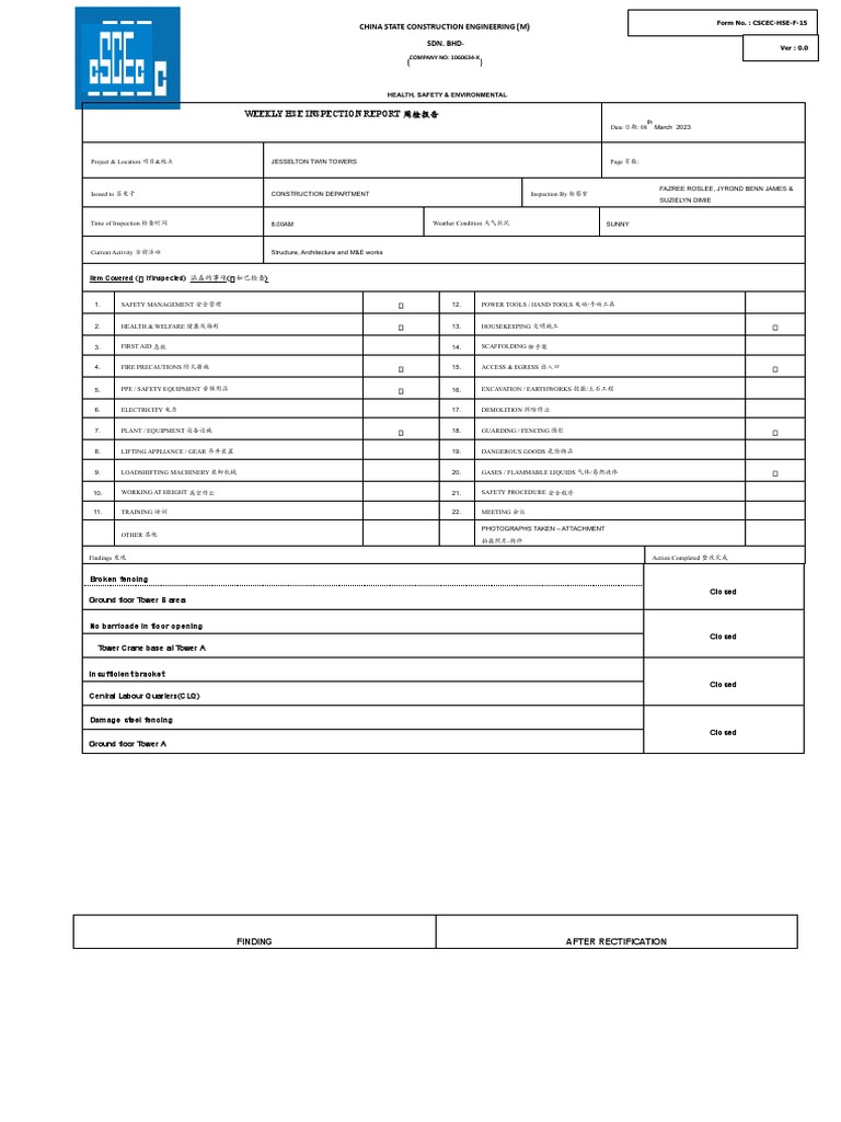 Weekly HSE Inspection Report Template | PDF | Occupational Safety And ...