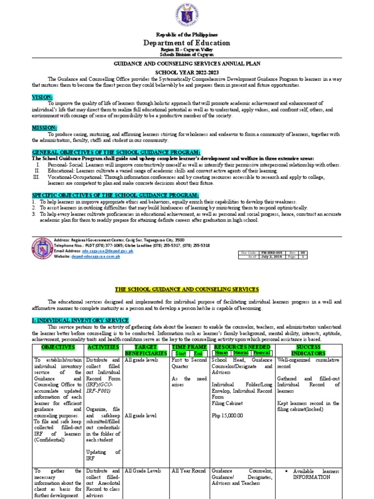 Cagayan Valley Guidance Counseling Plan | PDF | School Counselor | Learning