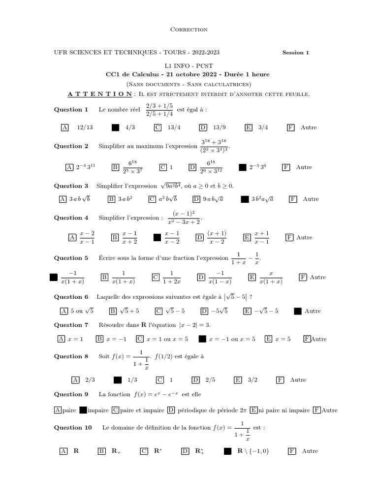 Correction CC1 Calculus L1 INFO 2022-2023 | PDF | Courbe | Limite ...