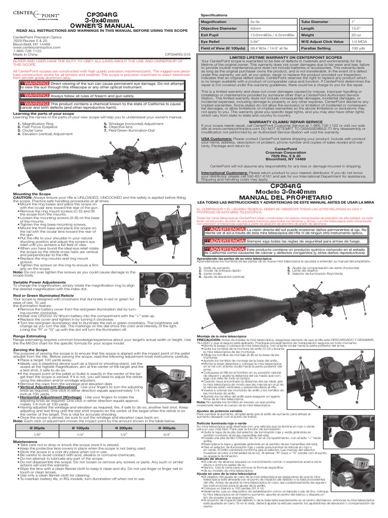 CenterPoint Optics 3 9x40 Adventure Class Rifle Scope Manual PDF