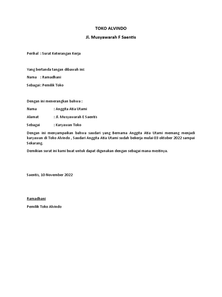 Surat Keterangan Kerja Karyawan Toko Alvindo | PDF