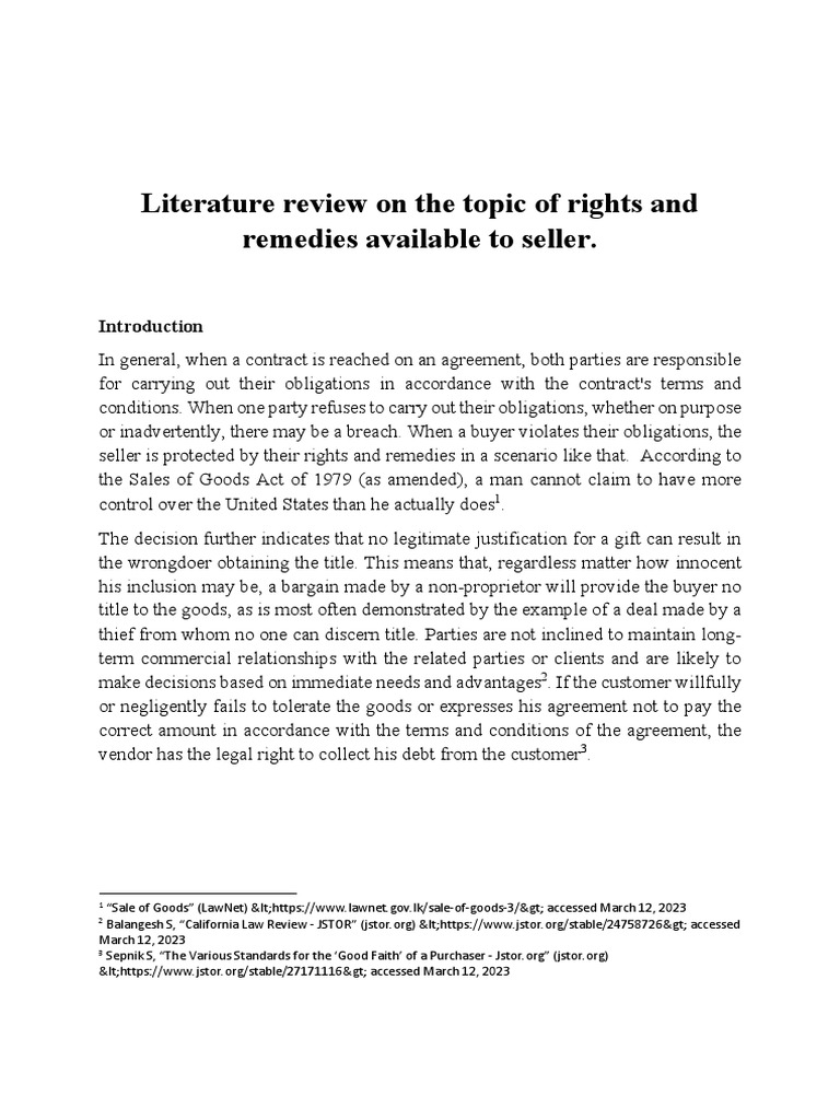 Lit Review Wandana Fernando PDF Sales Legal Remedy