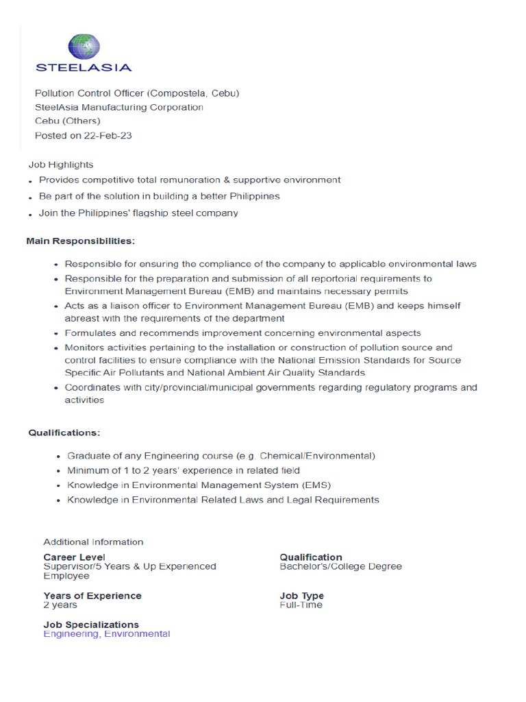 PCO Job Description References PDF