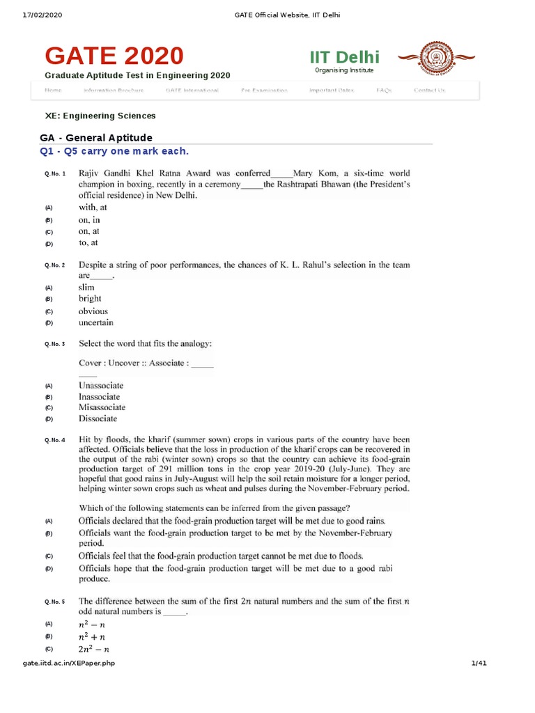 Gate Xe A B C D e F G H Engineering Science Question Paper 2020 1558