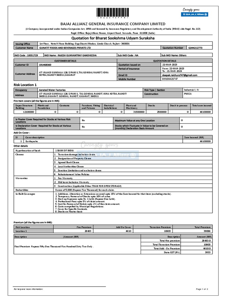 Bajaj Allianz General Insurance Company Limited: Quotation For Bharat ...