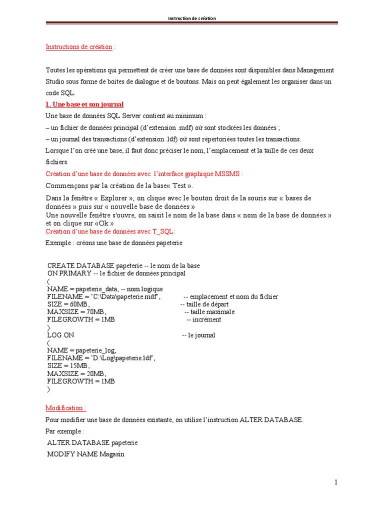 Création et gestion de bases SQL Server | PDF | Microsoft SQL Server ...