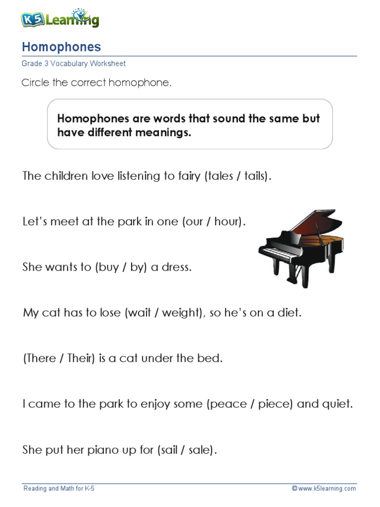 Homonyms and Homophones Grade 3 Worksheet 1 PDF PDF
