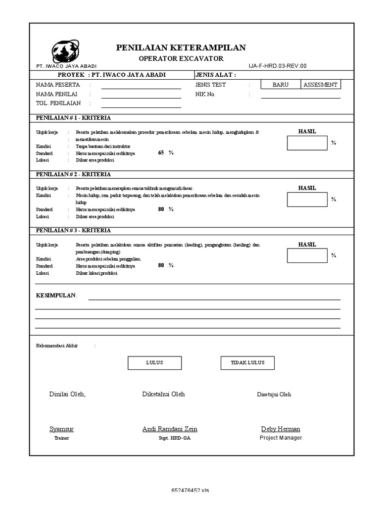 Penilaian Keterampilan Operator Excavator | PDF