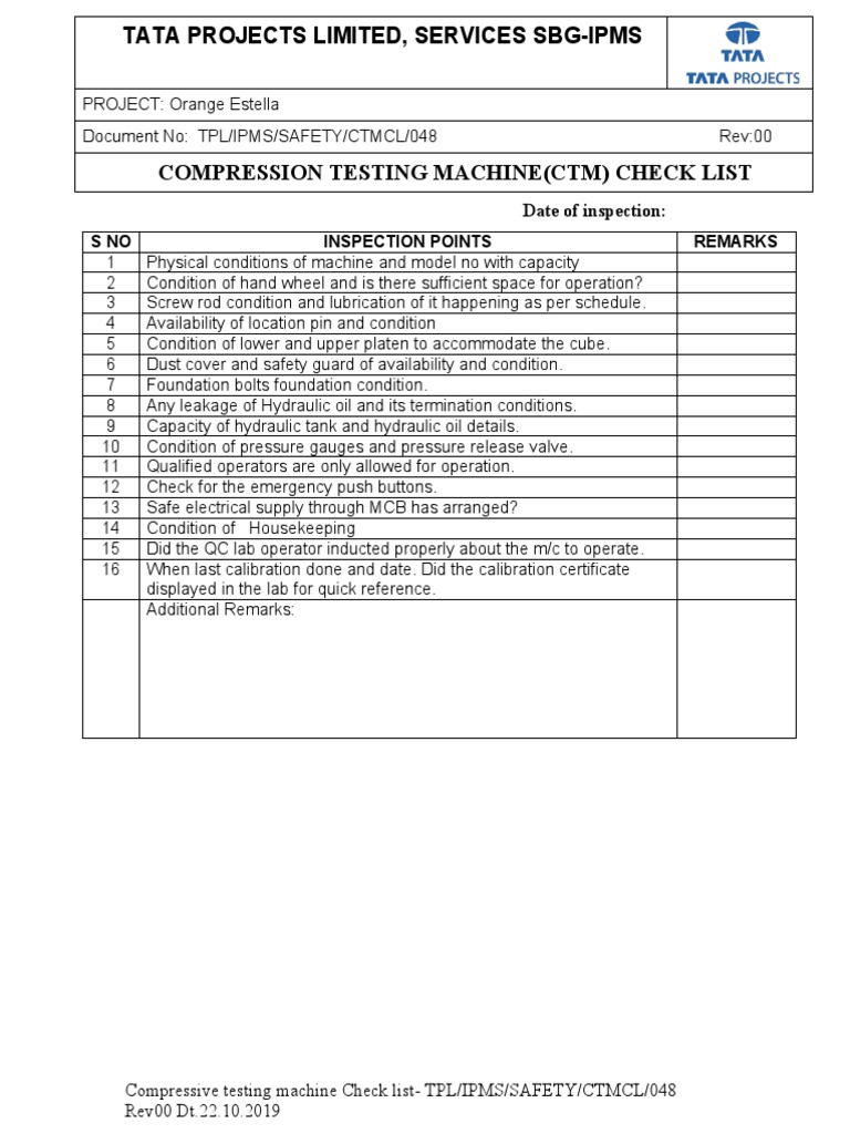 Compressive Testing Machine Check List TPLIPMSSAFETYCTMCL048 Rev00 Dt