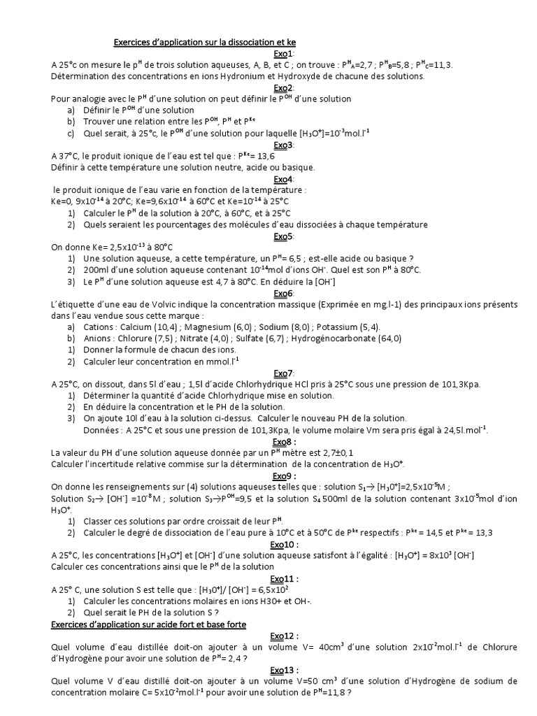 Exercices sur pH et dissociation des solutions | PDF | Ph | Acide ...