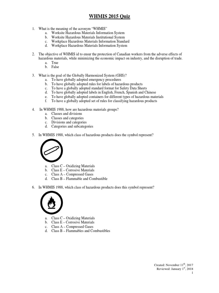 Whmis 2015 quiz pdf dangerous goods chemistry