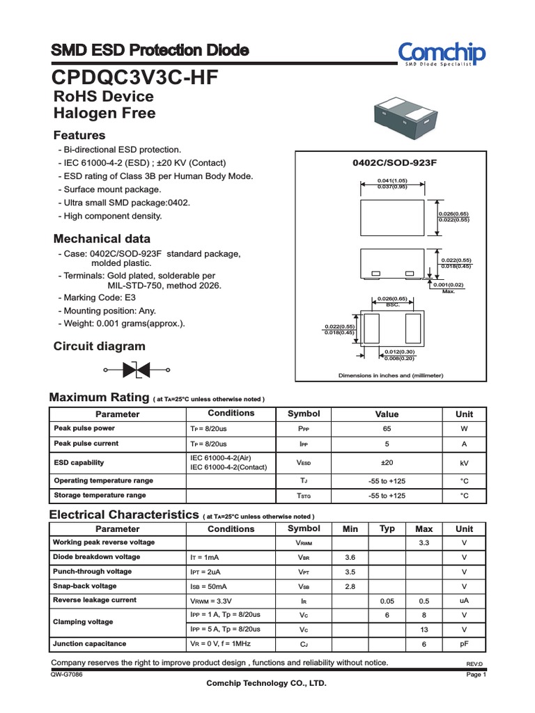 SMD ESD Diode Specs & Packaging | PDF | Electrostatic Discharge ...