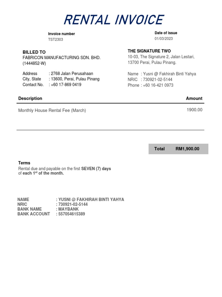 March Rental Invoice - RM1,900 | PDF