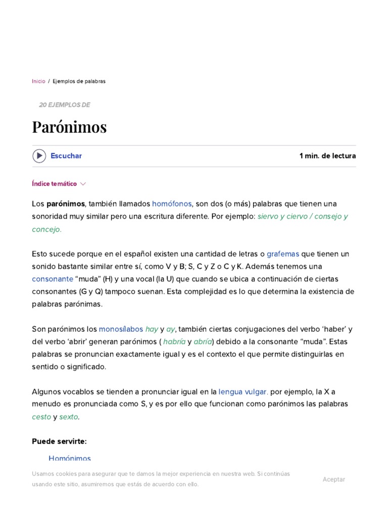 20 Ejemplos de Parónimos | PDF | Ciencia cognitiva | Idiomas