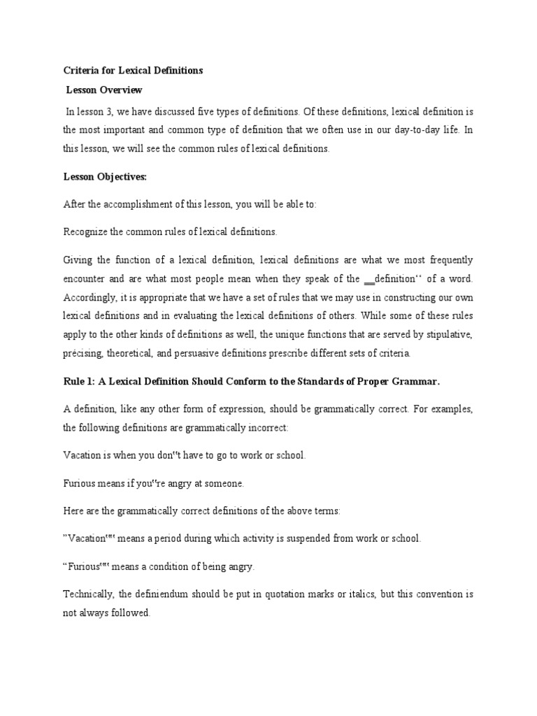 Criteria For Lexical Definitions PDF Definition Human Communication