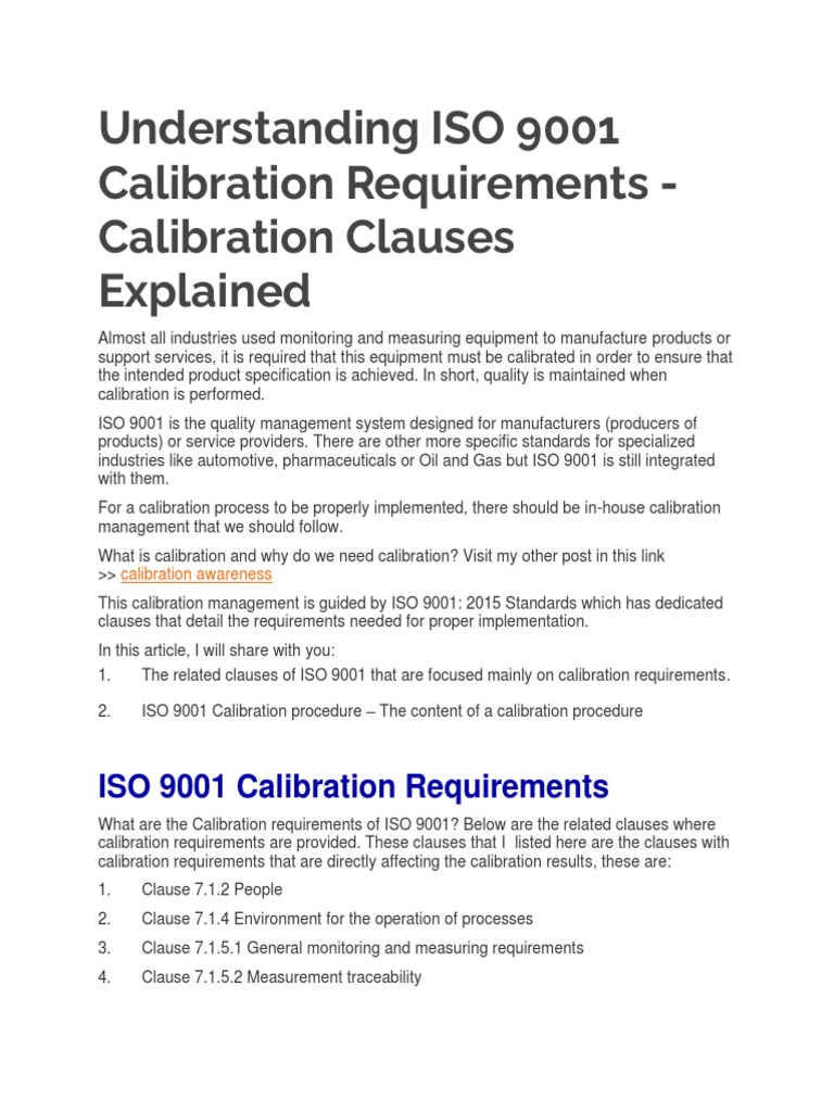 ISO 9001 Calibration Requirements Explained | PDF | Calibration | Iso 9000